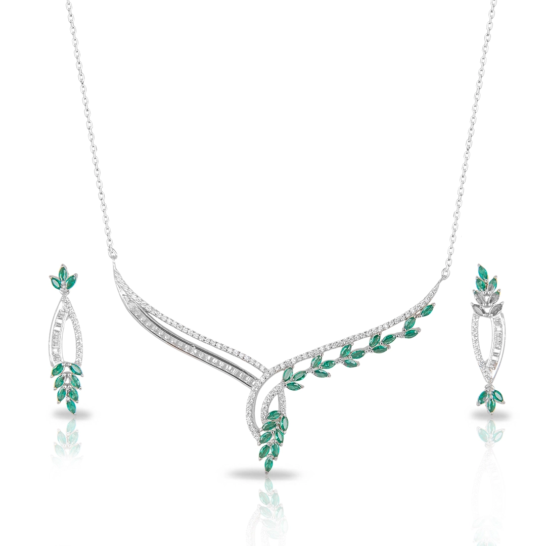 Colar de Prata Blend Collection Trabalhado com Brincos Navete em Zircônias Cristal e Esmeralda