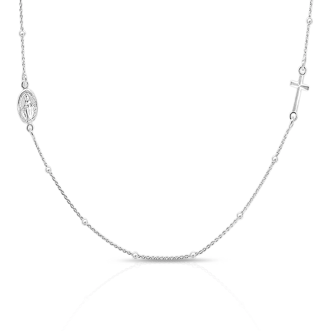 Colar de Prata com Esferas, Cruz e Medalha de Nossa Senhora das Graças