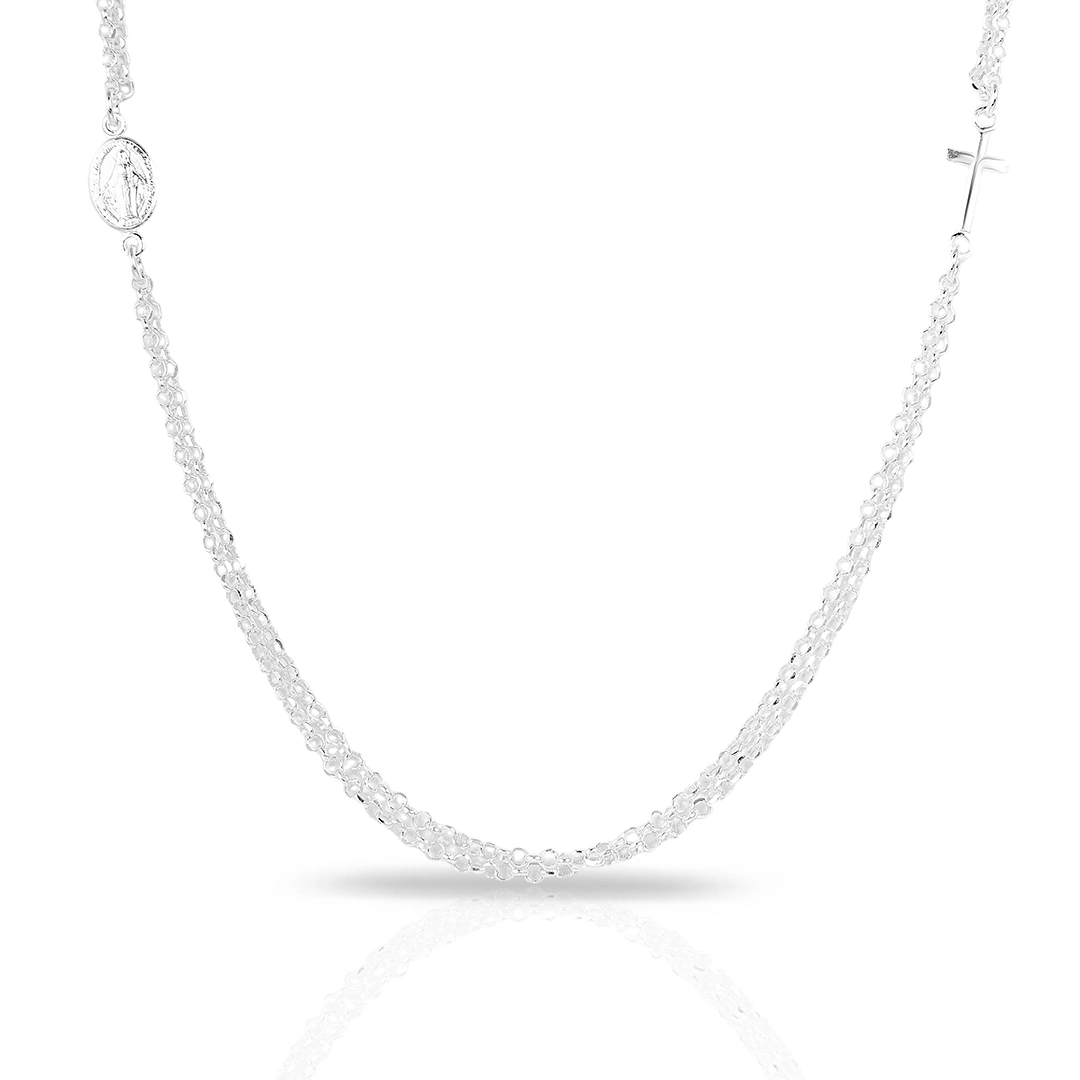 Colar de Prata Malha Dupla Portuguesa Com Medalha De Nossa Senhora Das Graças e Cruz