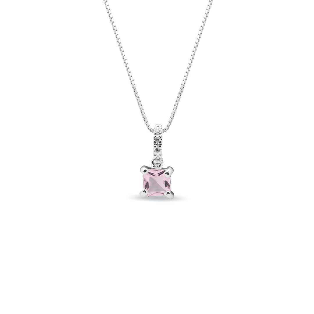 Gargantilha De Prata Leve Com Zircônia Quadrada Rosa