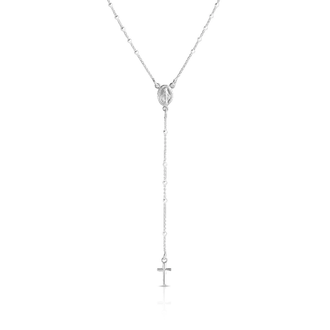 Colar de Prata Terço Espelhado com Nossa Senhora das Graças e Cruz