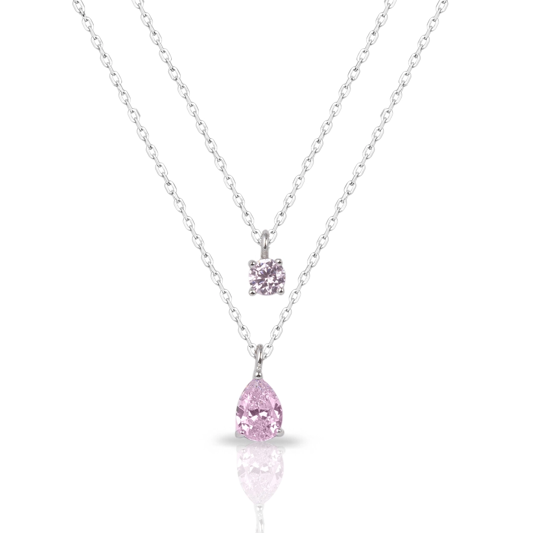 Gargantilha Blend Collection de Prata 925 Dupla Com Zircônias Rosa
