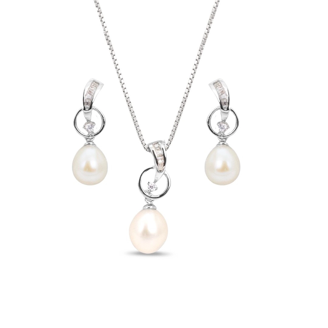 Gargantilha de Prata Balanço com Brincos e Pingente Peróla Biwa e Zircônia Cristal