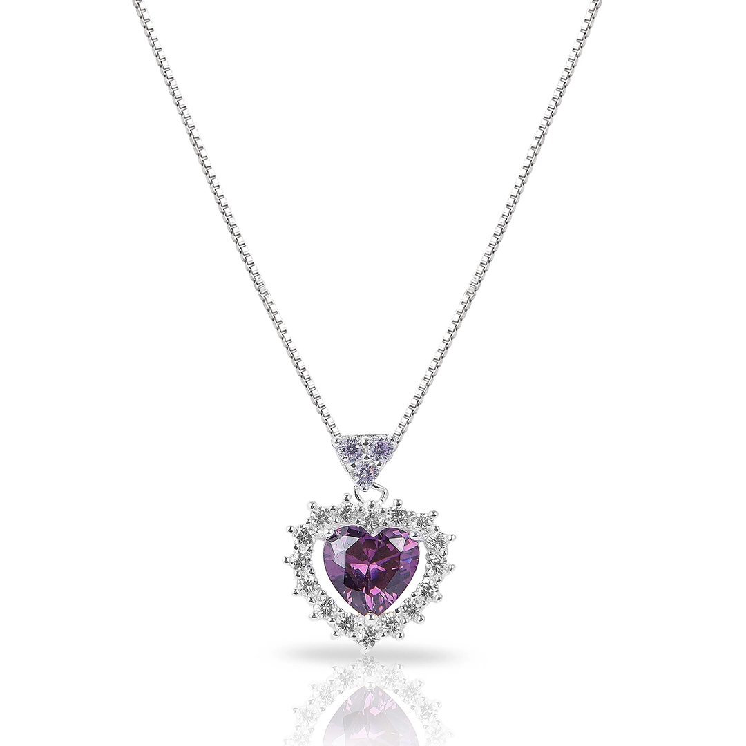Gargantilha de Prata Blend Collection com Zircônia Ametista Coração e Zircônia Cristal