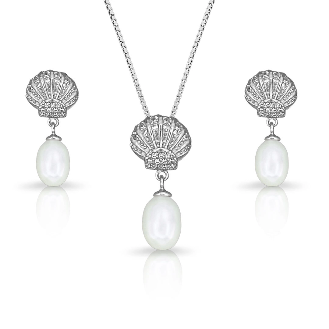 Gargantilha de Prata com Brincos e Pingente Concha de Zircônia Cristal e Pérola Biwa