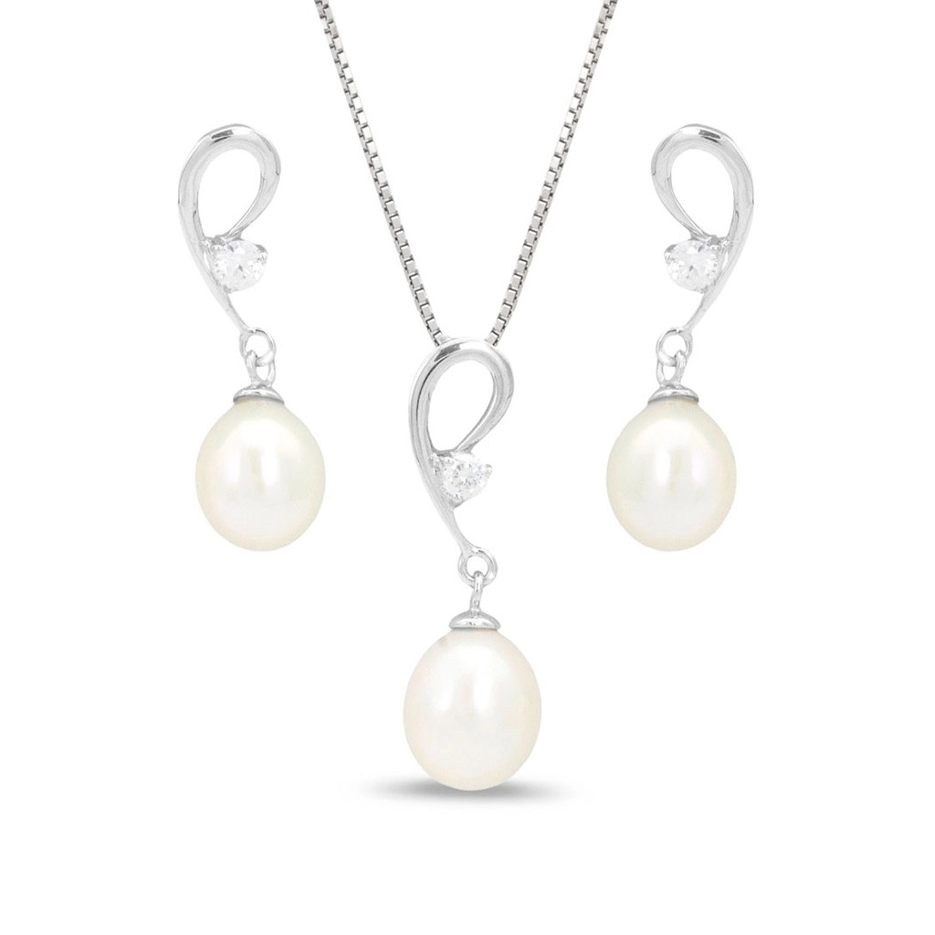 Gargantilha de Prata com Brincos e Pingente de Zircônia Cristal e Pérola Biwa