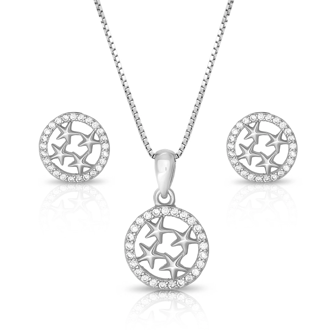 Gargantilha de Prata com Brincos Top e Pingente de Estrelas Espelhadas