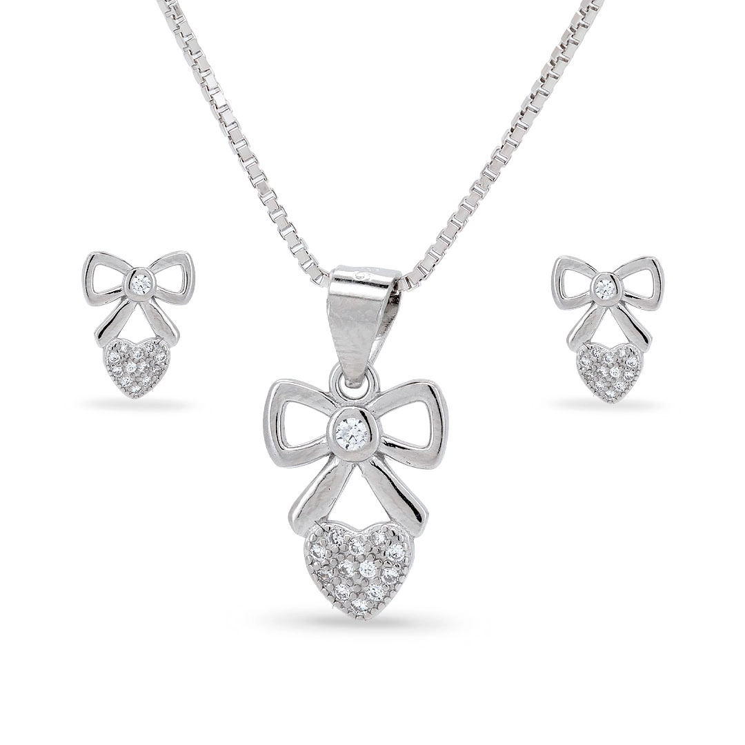 Gargantilha De Prata Com Brincos Top E Pingente De Laço e Zircônia Cristal