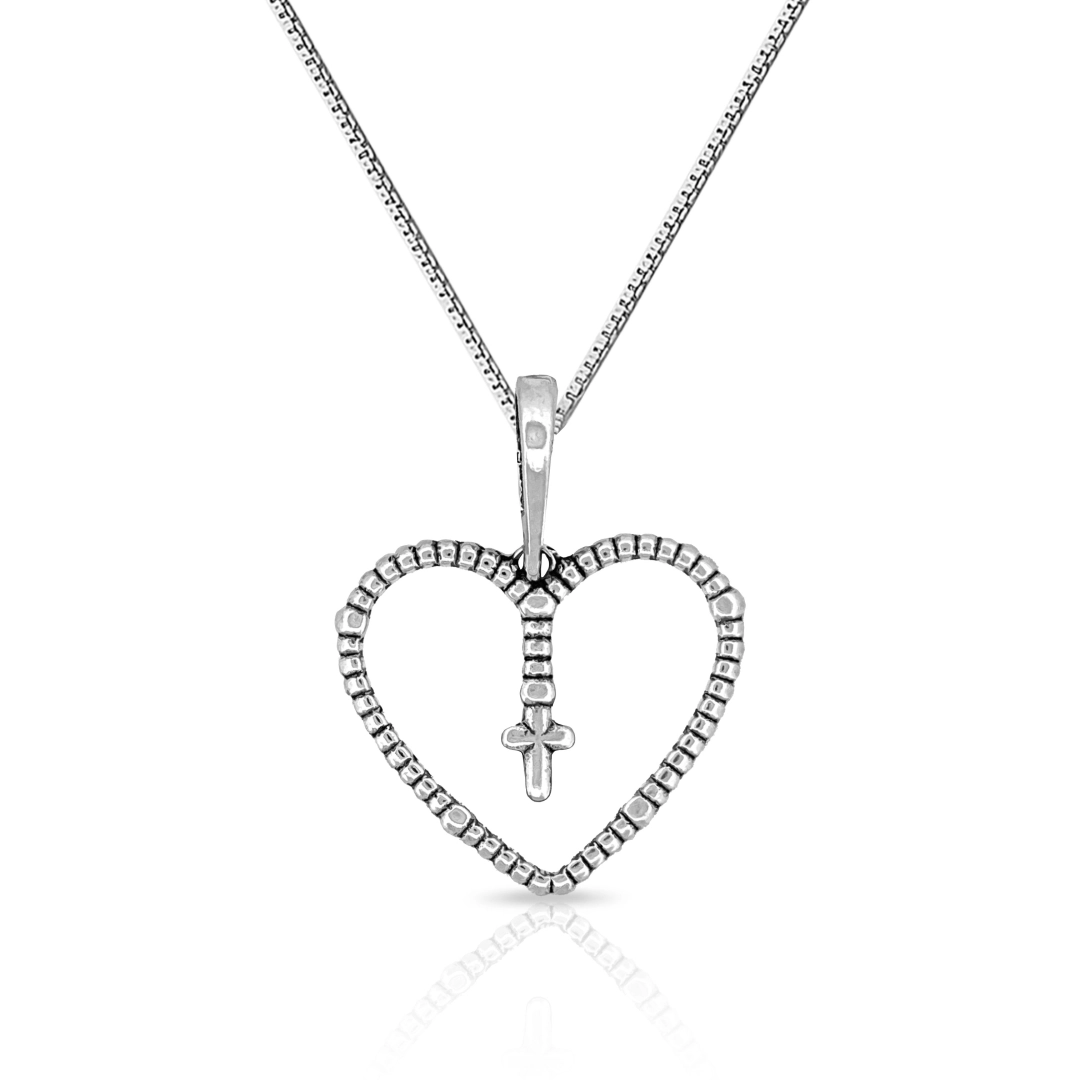 Gargantilha de Prata Coração Envelhecido com Cruz
