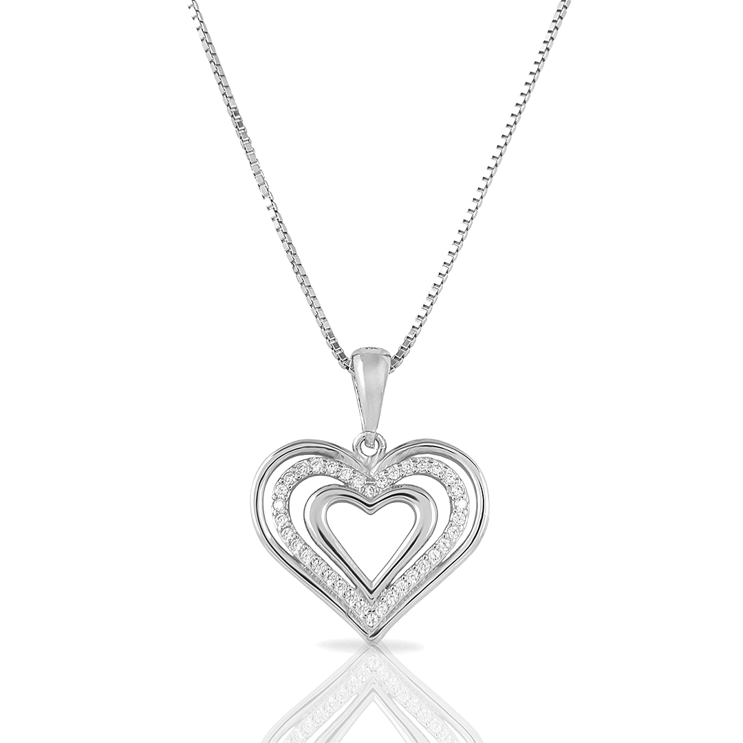 Gargantilha De Prata Coração Triplo Com  Zircônia Cristal