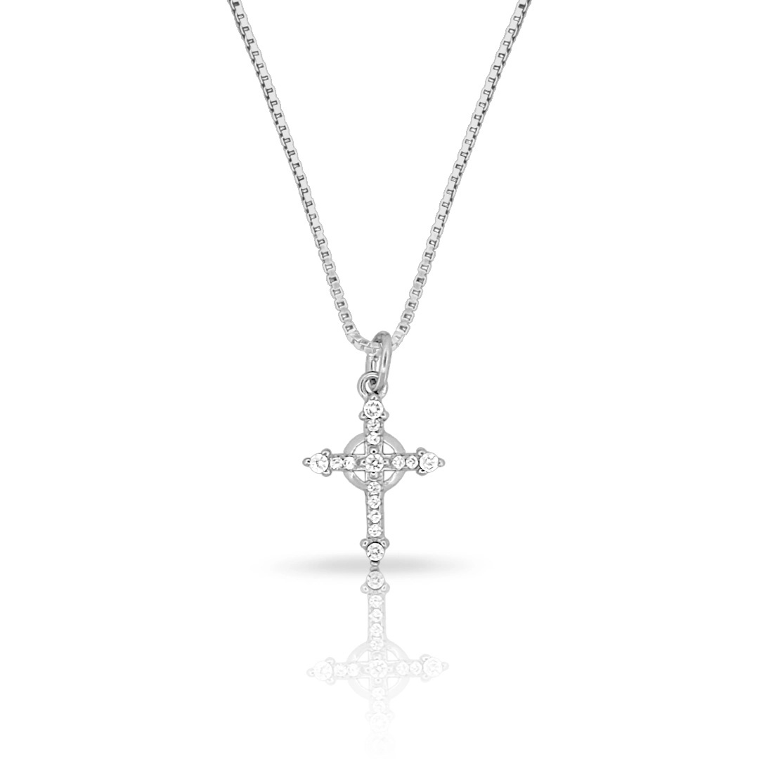Gargantilha de Prata Cruz com Zircônia e Círculo no Centro