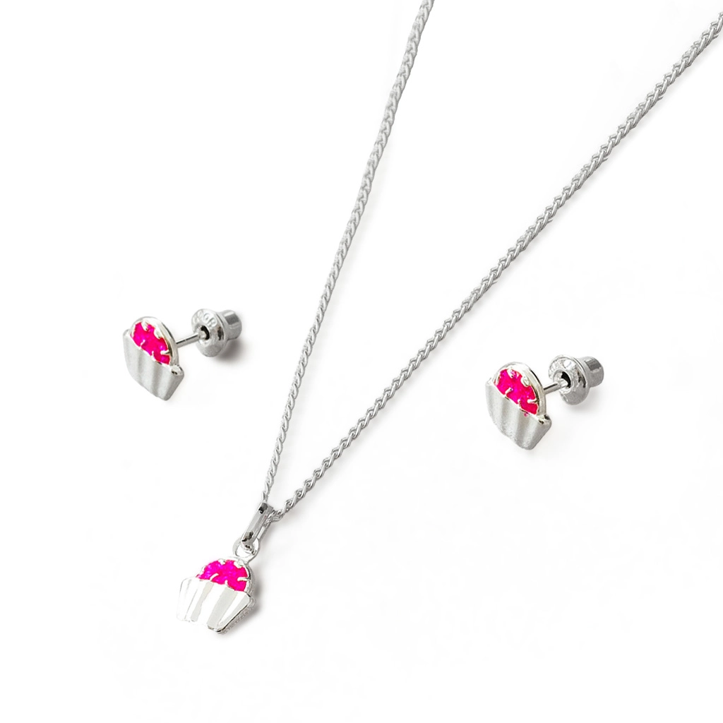 Gargantilha de Prata Leve com Brincos Top Infantil  Brigadeiro com Resina Rosa