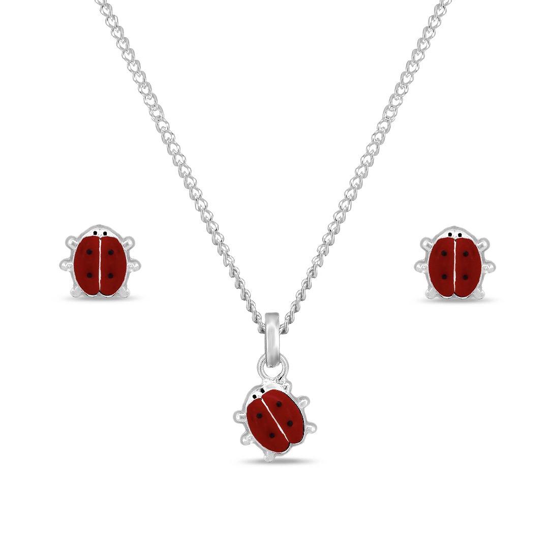 Gargantilha de Prata Leve com Pingente e Brincos Top Joaninha Vermelha