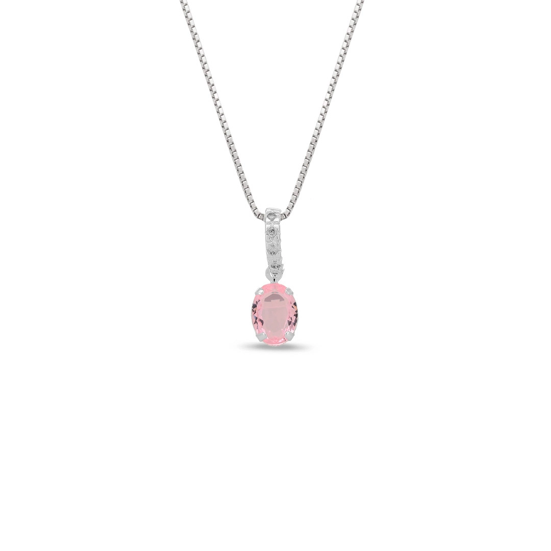 Gargantilha De Prata Leve Com Zircônia Oval Rosa