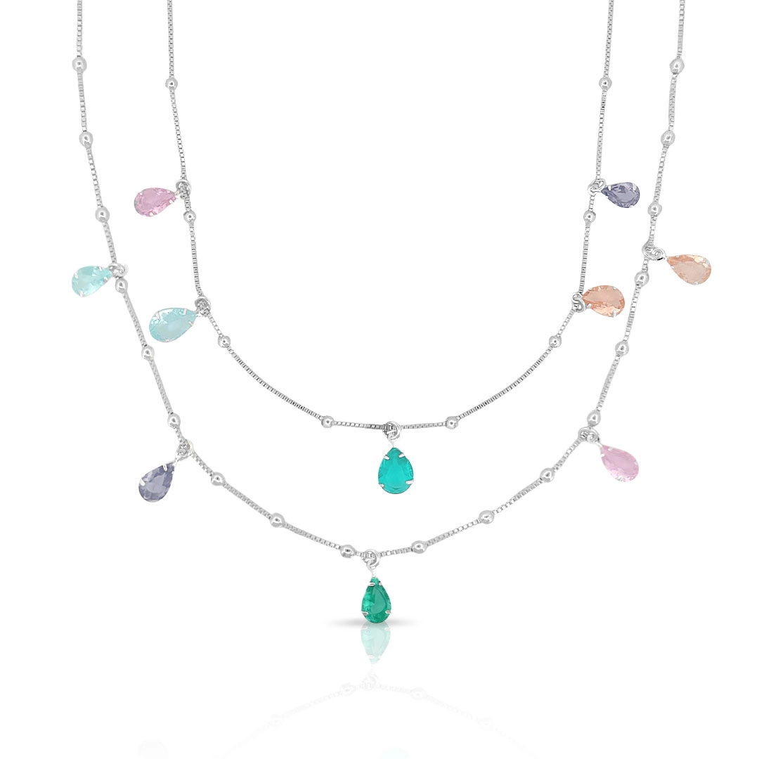 Gargantilha De Prata Leve Dupla Com Zircônias Coloridas Gota e Esferas