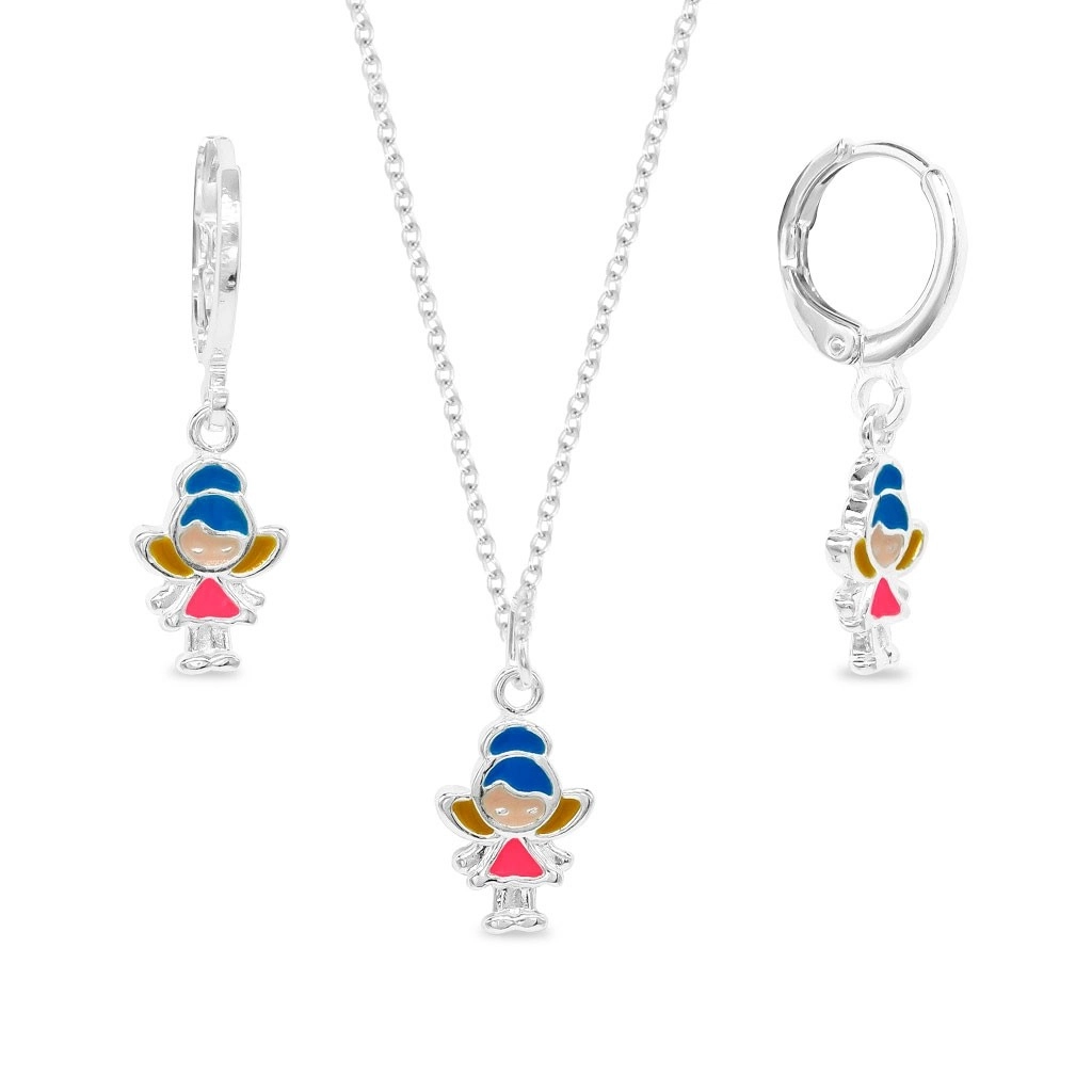 Gargantilha de Prata Leve Infantil Argola com Pingente e Brincos de Fada Colorida e Esmaltada
