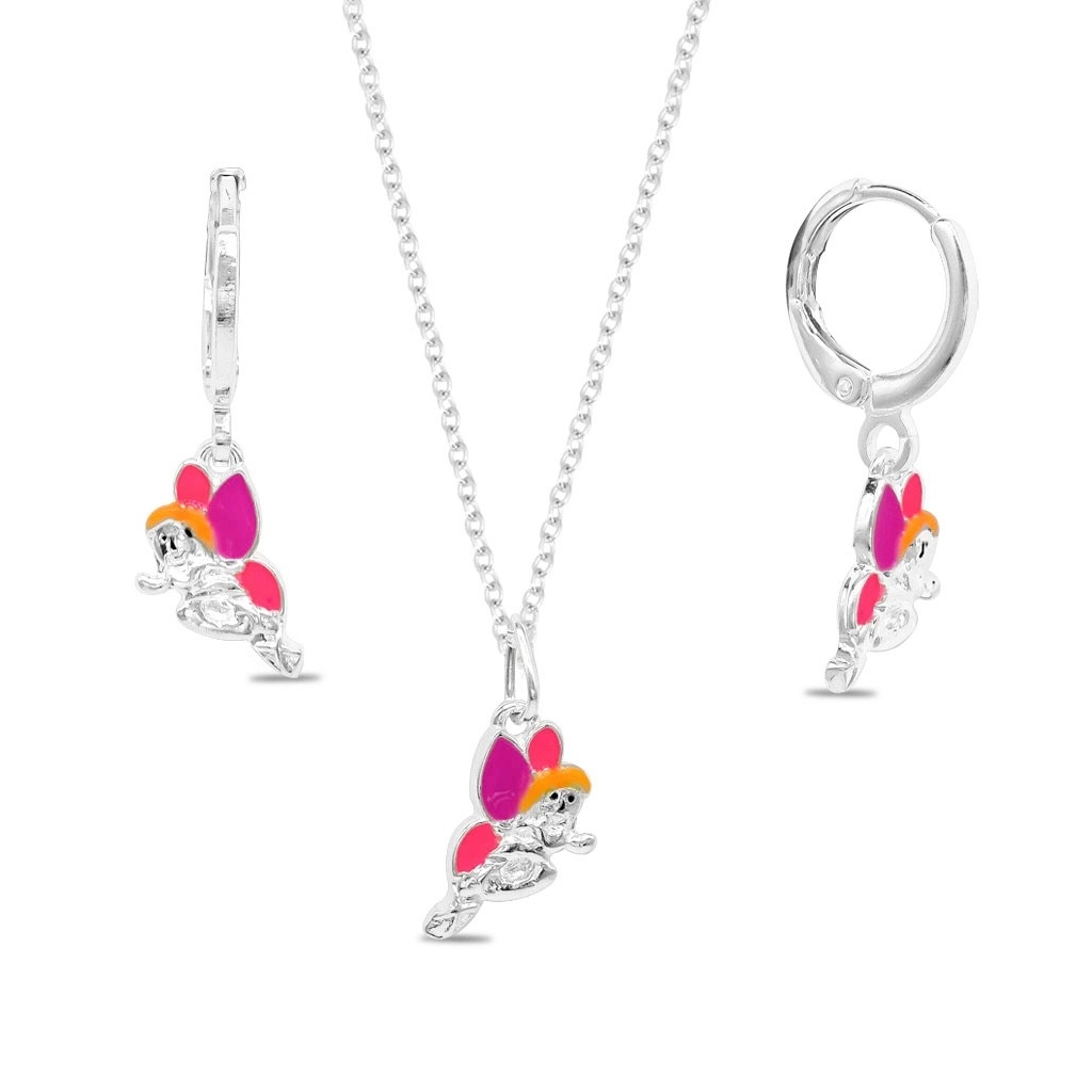 Gargantilha de Prata Leve Infantil Argola com Pingente e Brincos de Fada Colorida e Esmaltada