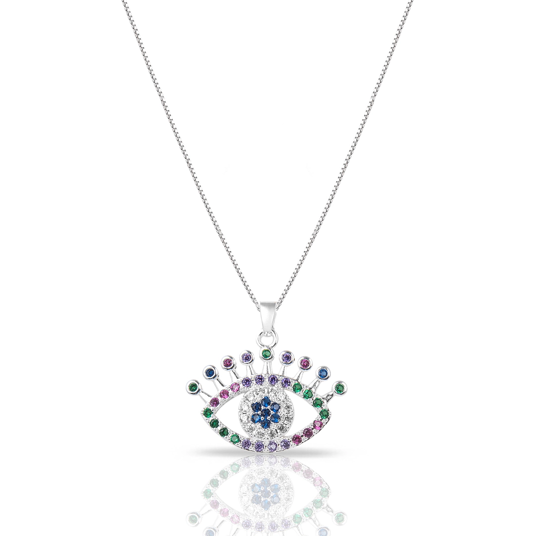 Gargantilha De Prata Leve Olho Grego Com Zircônias Coloridas