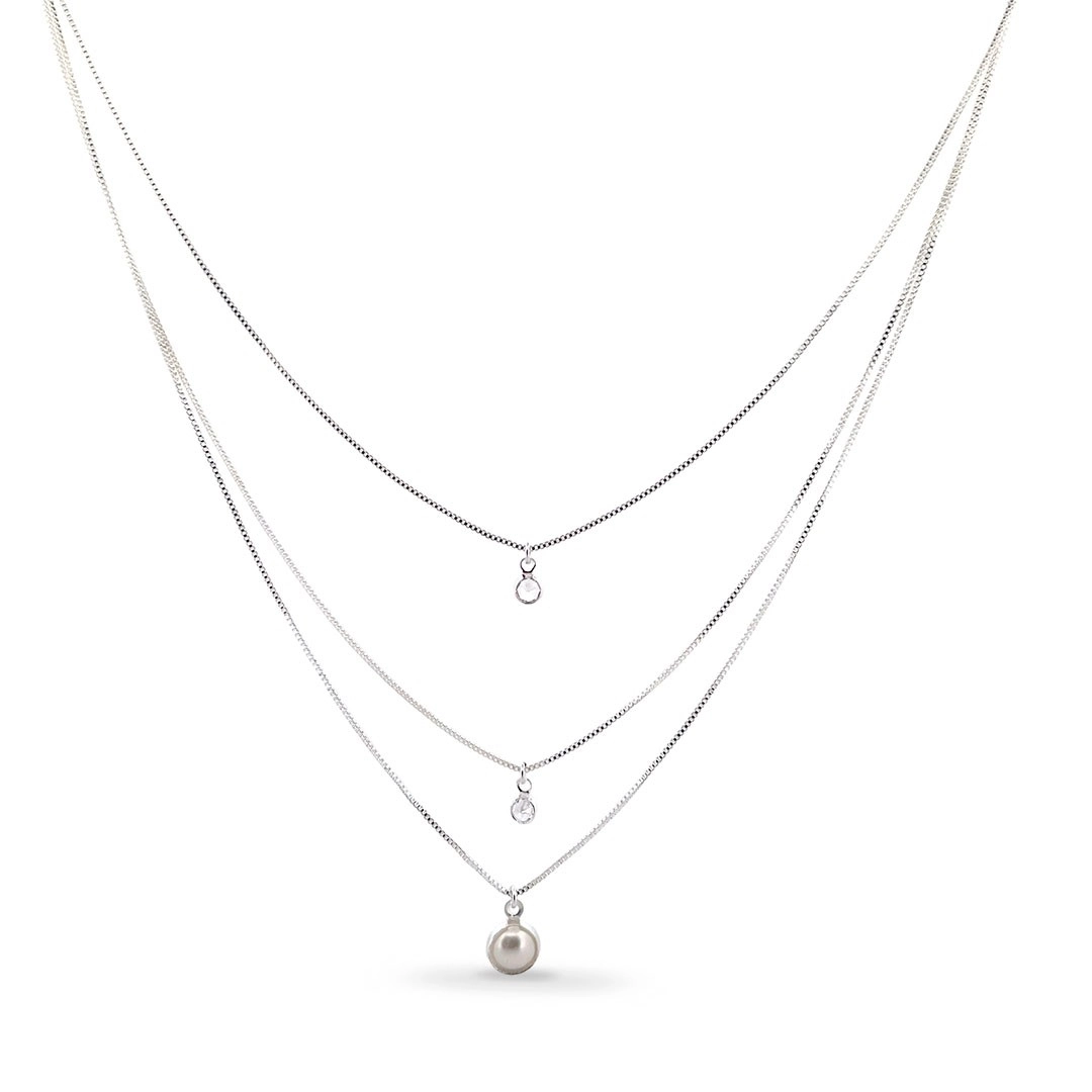 Gargantilha de Prata Leve Três Fios com Zircônia Cristal e Pérola Sintetizada