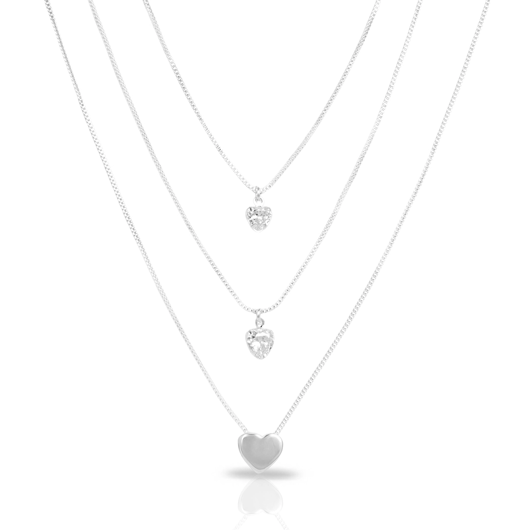 Gargantilha De Prata Leve Tripla Com Chapa de Coração e Zircônias Cristal