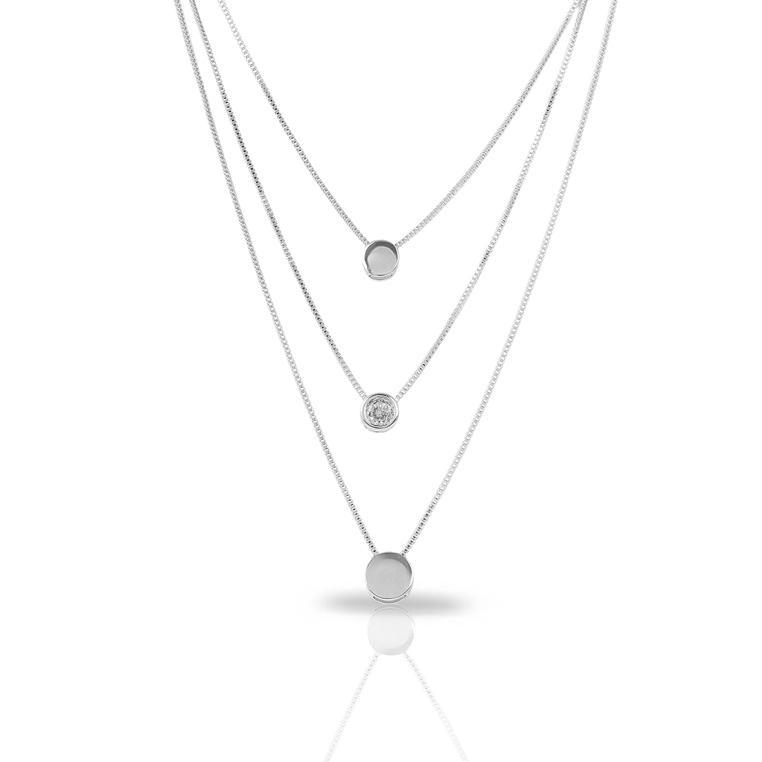 Gargantilha De Prata Leve Tripla Com Chapa Redonda e Zircônia Cristal