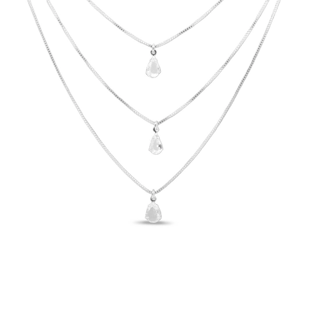 Gargantilha De Prata Leve Tripla Com Zircônias Cristal Gota