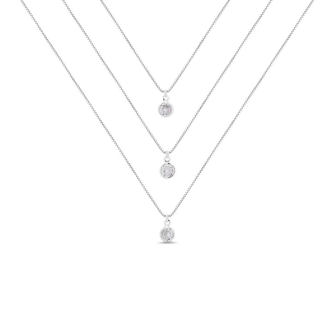 Gargantilha De Prata Leve Tripla Com Zircônia Redonda Cristal