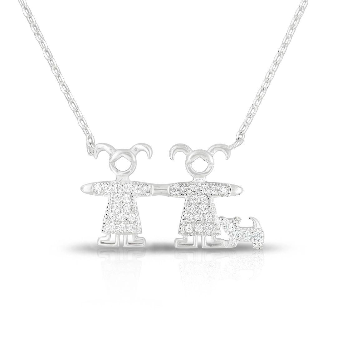 Gargantilha de Prata Meninas e Cachorro Com Zircônias Cristal