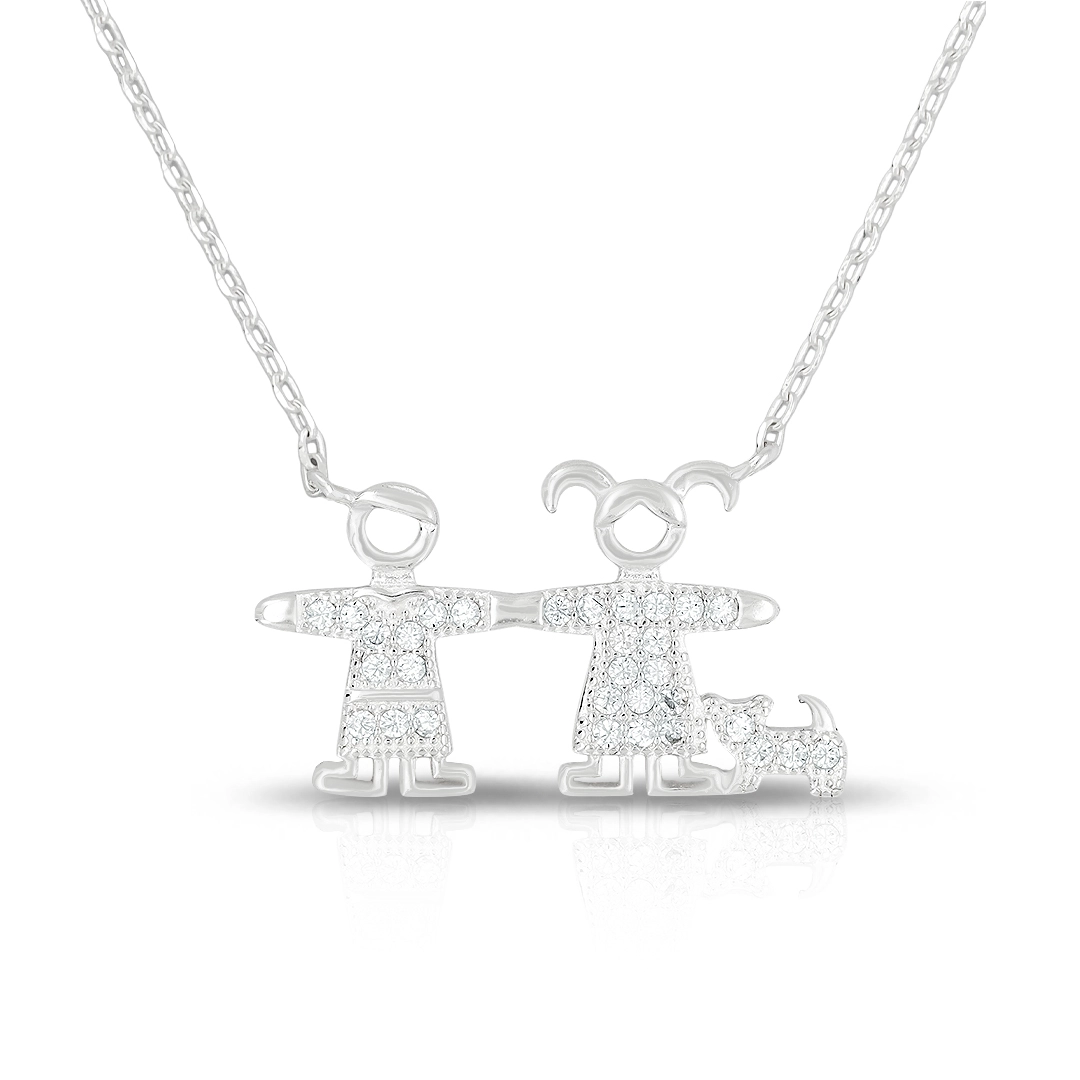Gargantilha de Prata Menino, Menina e Cachorro com Zircônias Cristal