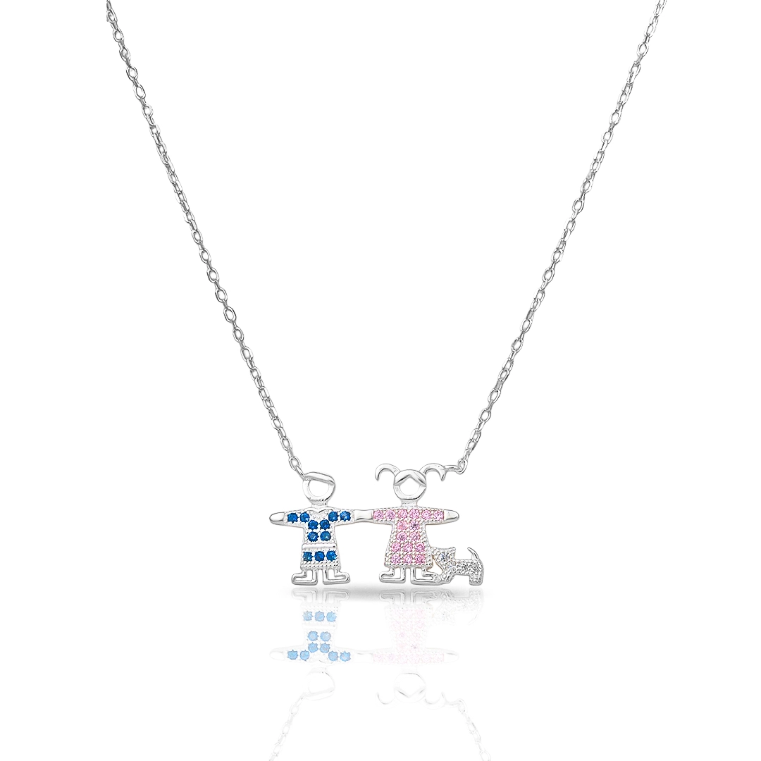 Gargantilha de Prata Menino, Menina e Cachorro com Zircônias Rosa, Safira e Cristal