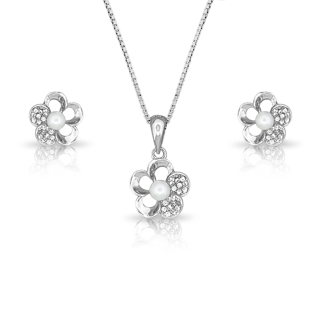 Gargantilha de Prata Top com Brincos e Pingente Flor com Pérola Biwa