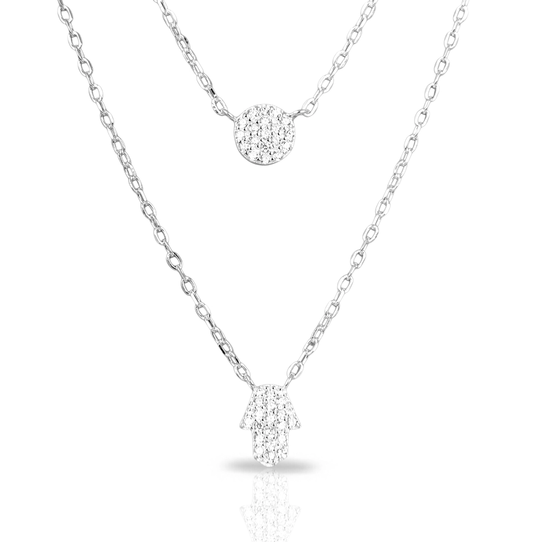 Gargantilha Dupla De Prata com Pingente Redondo e Mão de Fátima Com Zircônias Cristal