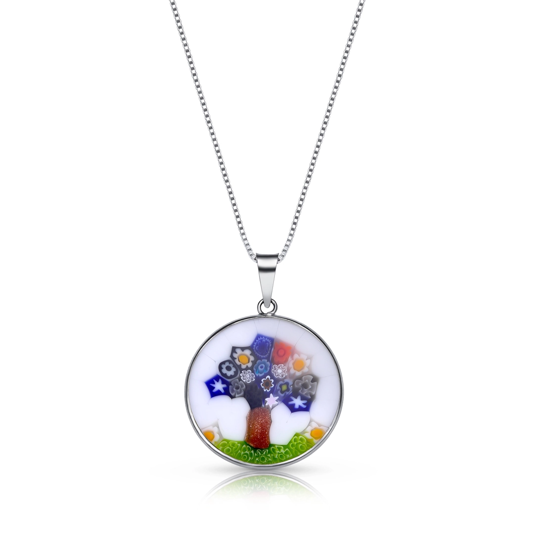 Gargantilha em Prata  Murano Branco  com Árvore da Vida Colorida