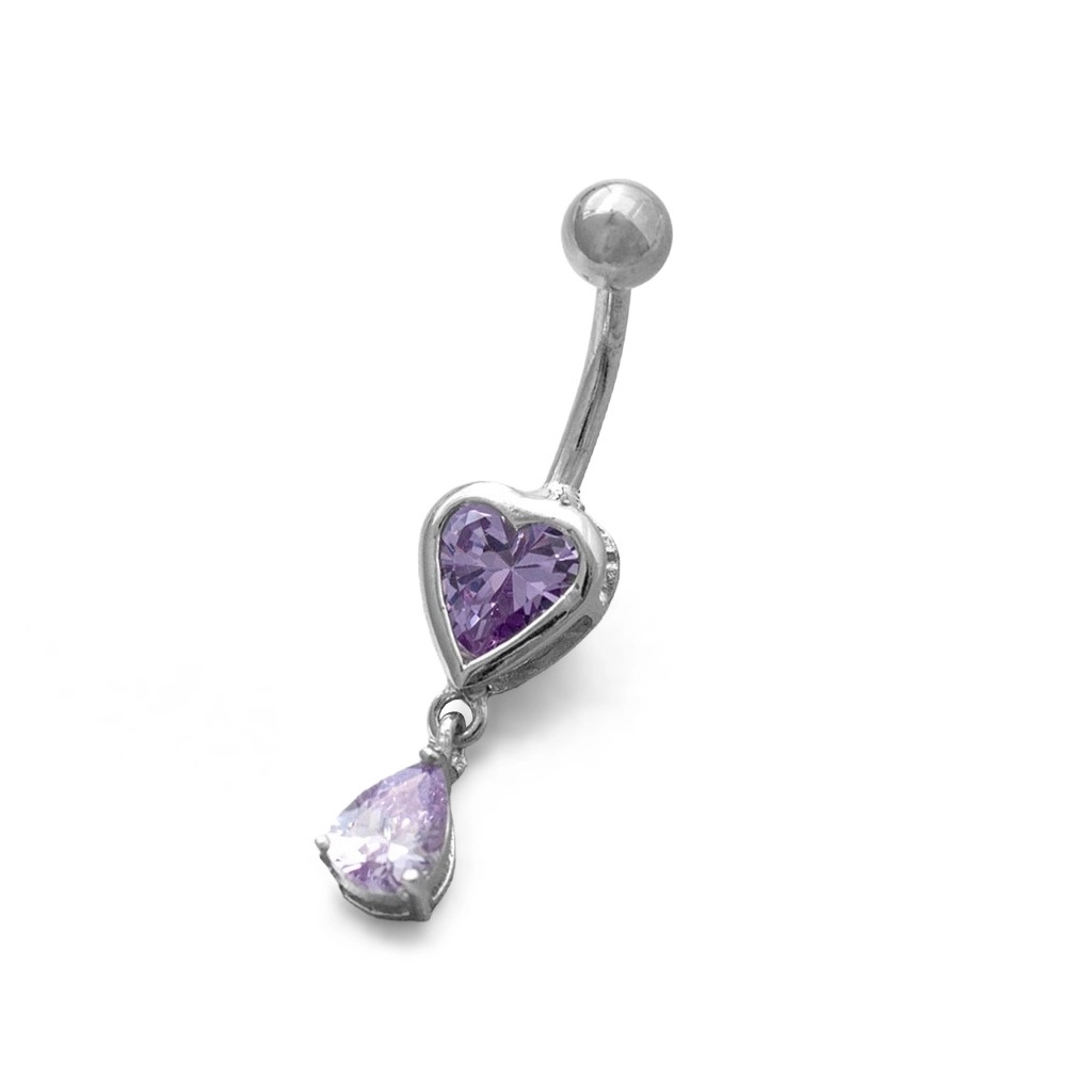 Piercing de Aço e Prata Coração e Gota em Zircônia Lavanda