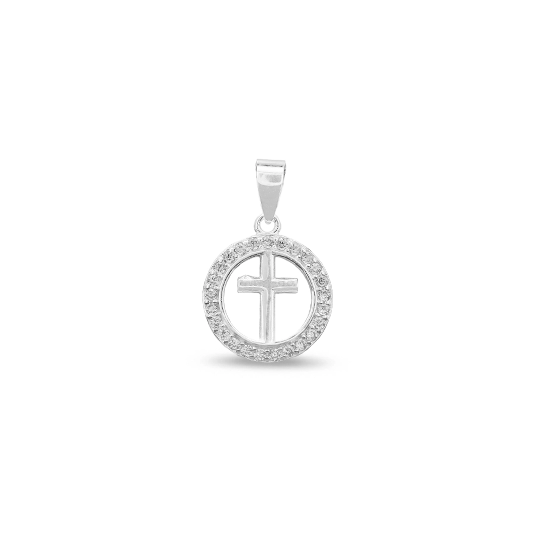 Pingente De Prata Círculo Com Cruz e Zircônia Cristal