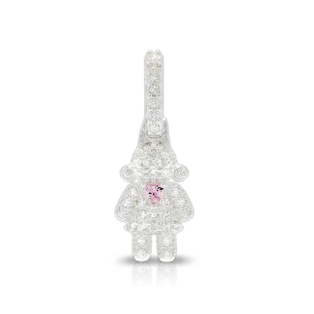 Pingente de Prata Menina Com Zircônias Cristal e Coração Rosa
