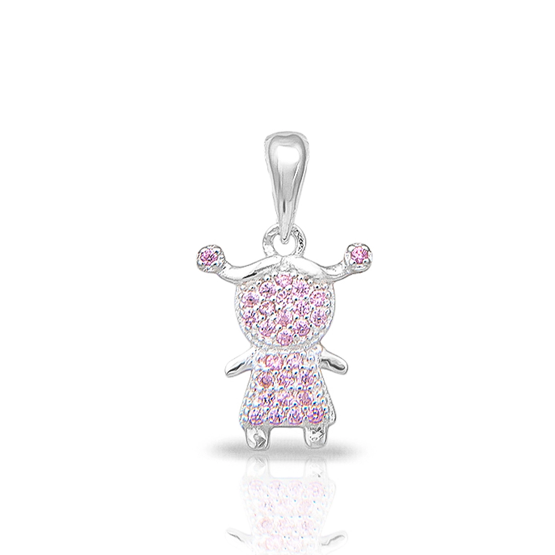 Pingente de Prata Menina Com Zircônias Rosas