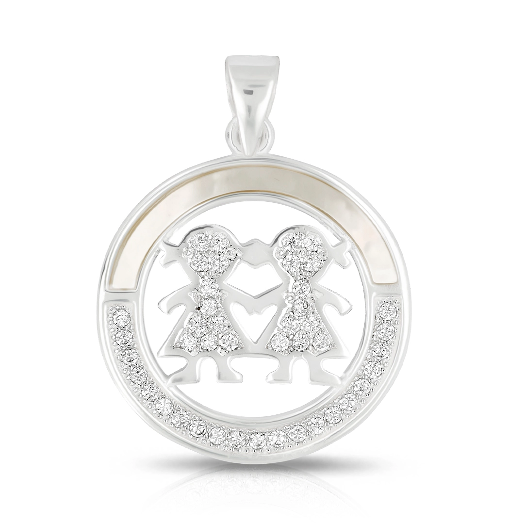 Pingente de Prata Redondo com Duas Meninas, Zircônias e Madrepérola