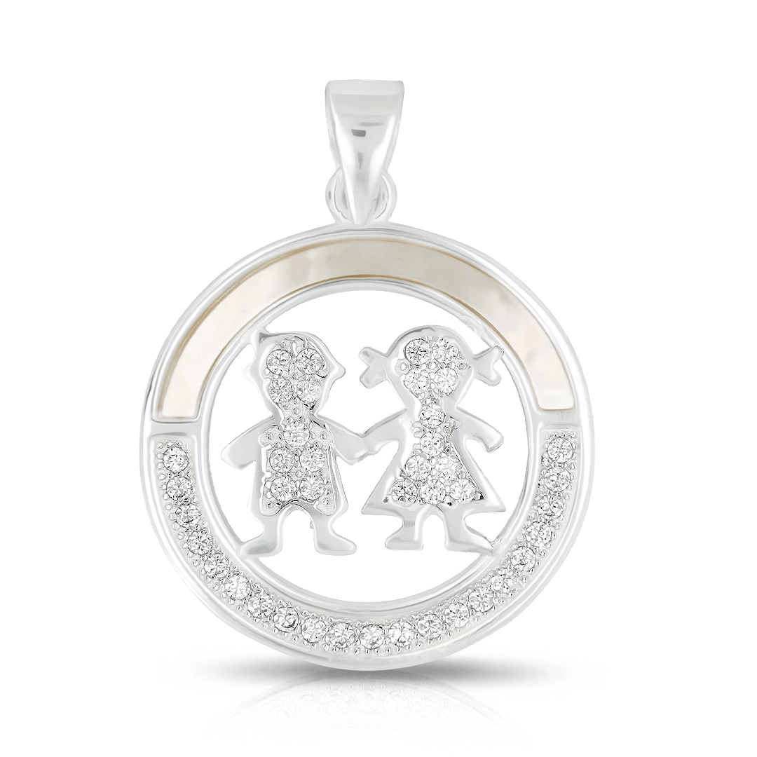 Pingente de Prata Redondo com Menino, Menina, Zircônias e Madrepérola