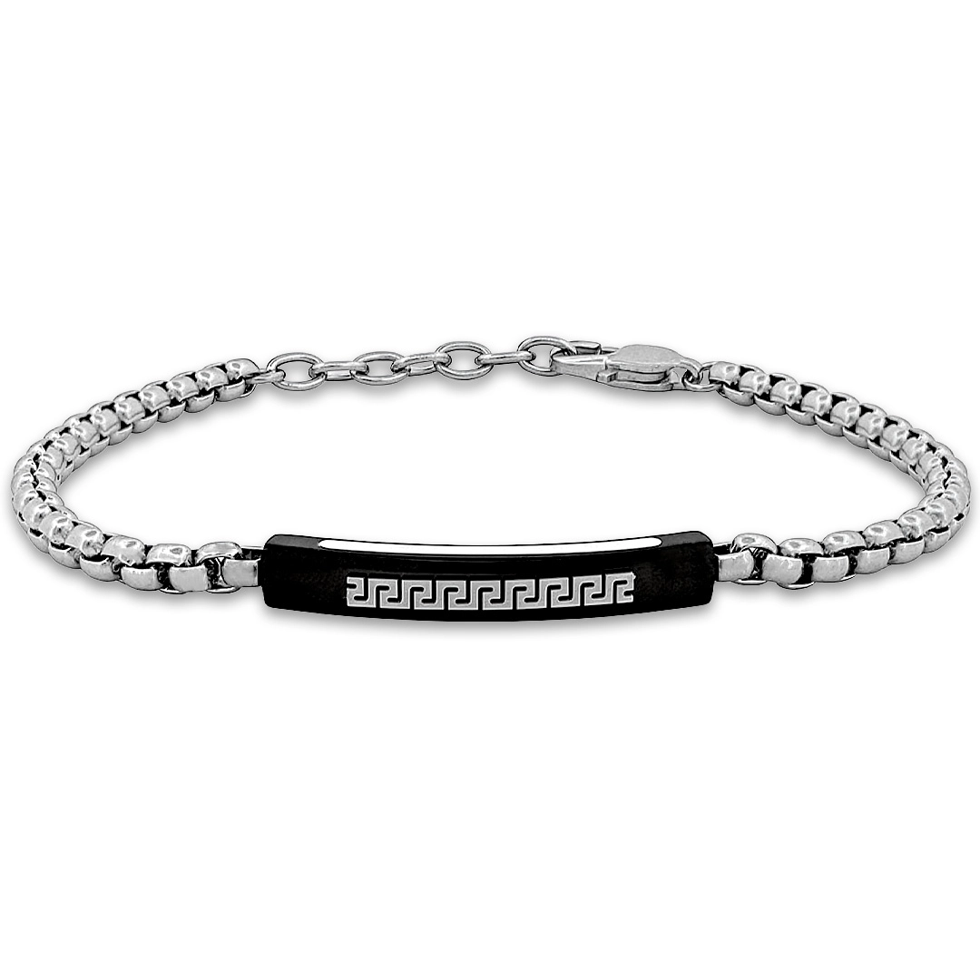 Pulseira de Aço com Elos trabalhados e Placa Carbonada Preta e Branca