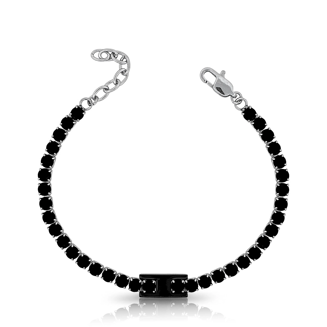 Pulseira de Aço Riviera Com Zircônias Ônix E Placa Cabonada