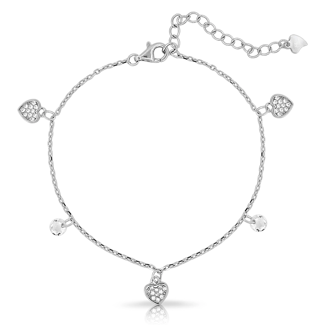 Pulseira de Prata com Corações e Zircônias Cristal