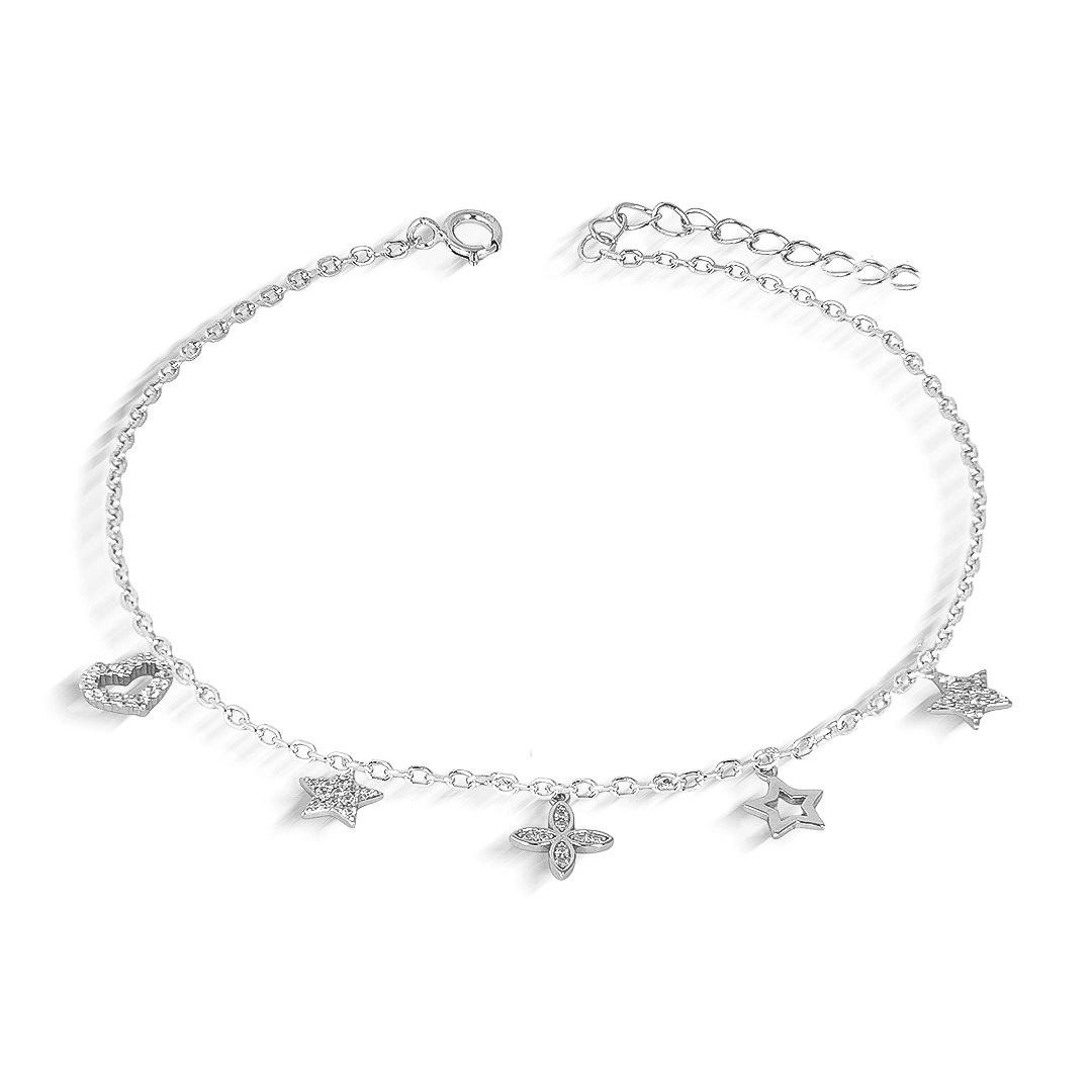 Pulseira de Prata com Coração, Estrela e Flor
