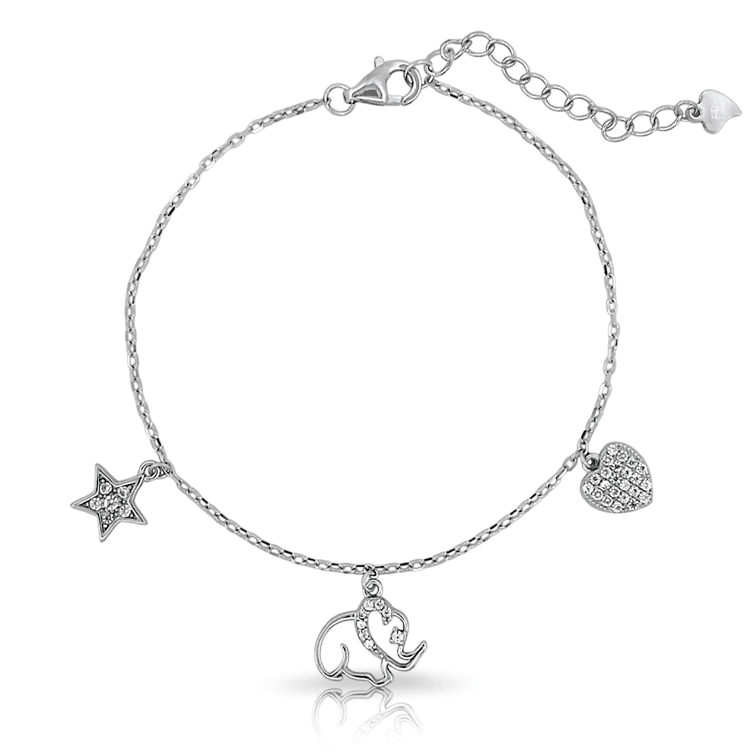 Pulseira de Prata com Estrela, Elefante e Coração e Zircônias