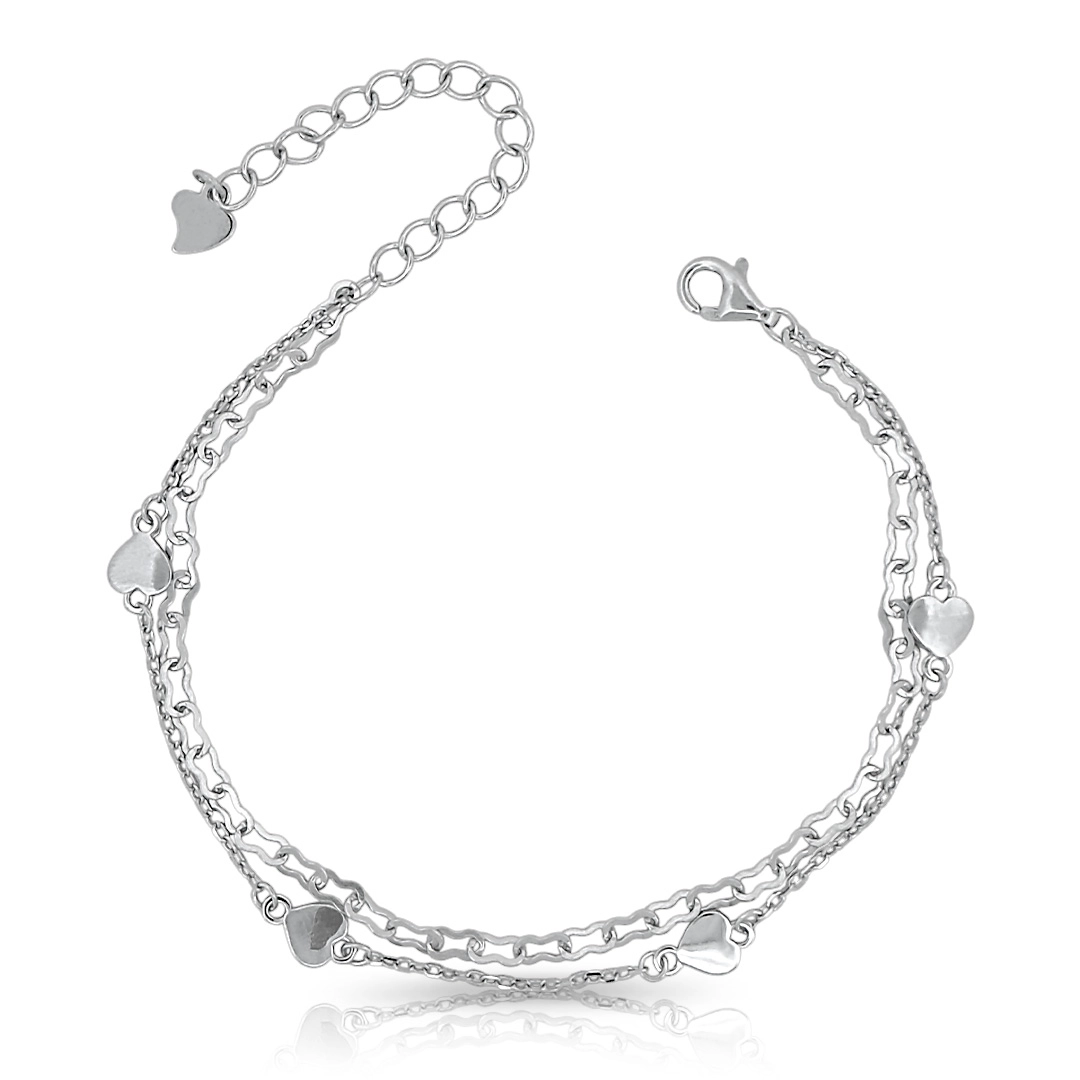 Pulseira de Prata Dupla com Corações Espelhados
