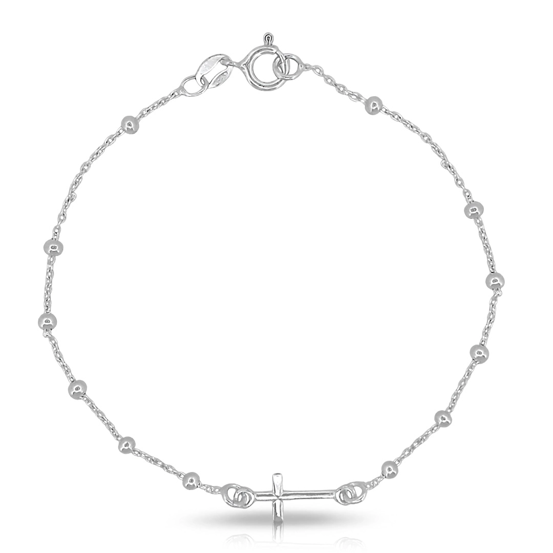 Pulseira de Prata Estilo Terço com Cruz Espelhada