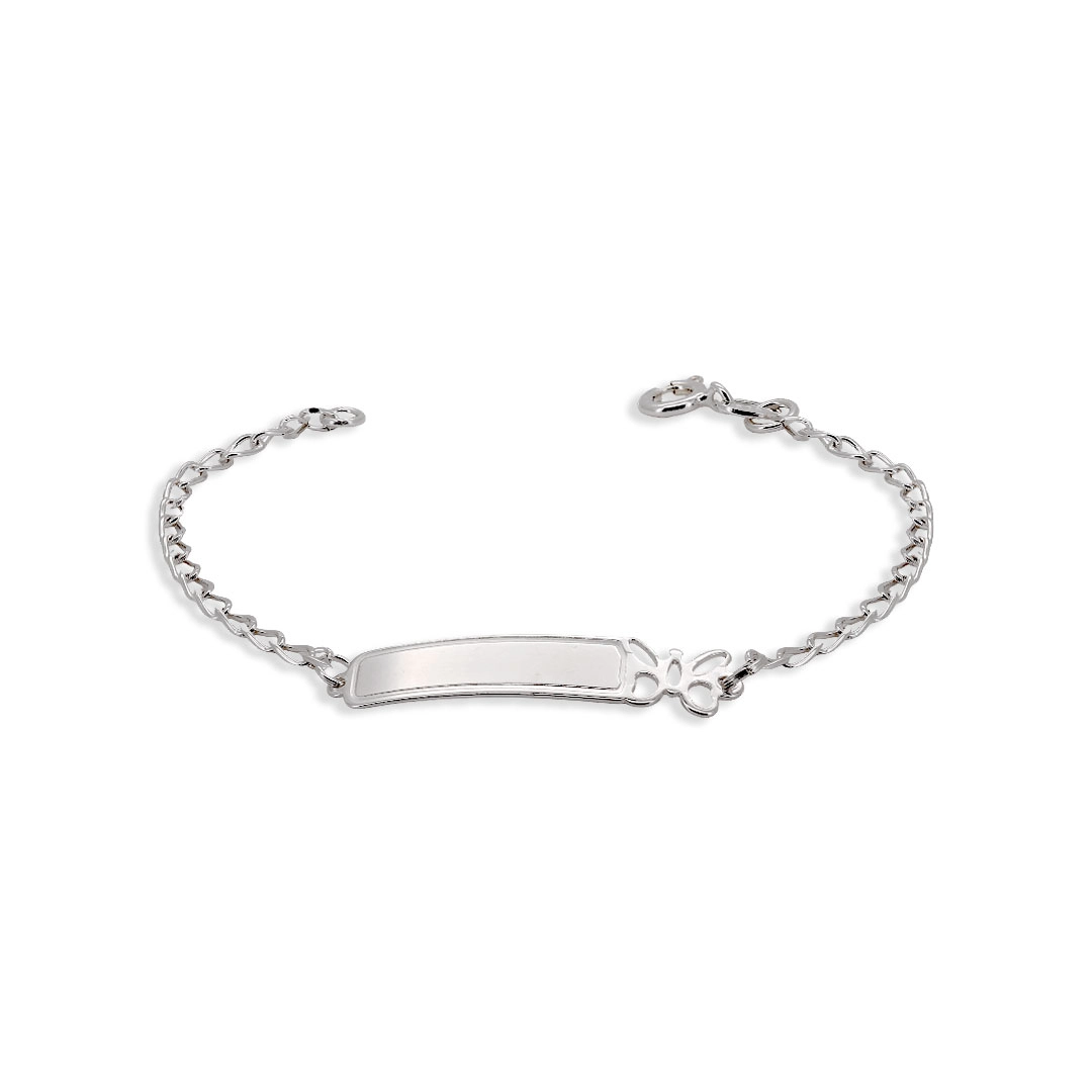 Pulseira De Prata Infantil Com Placa Lisa e Borboleta Vazada