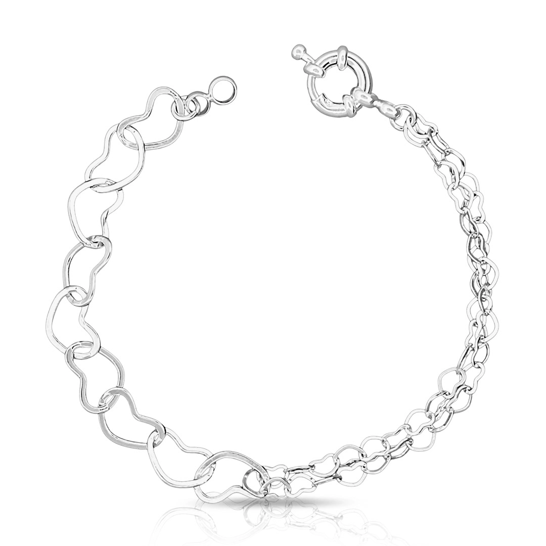 Pulseira De Prata Leve Com  Corações Espelhados