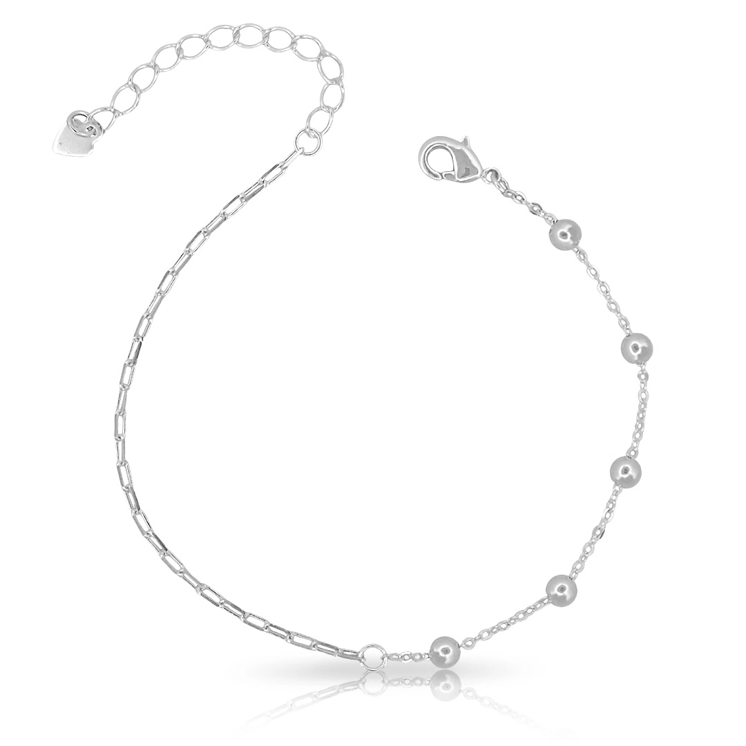 Pulseira De Prata Leve Com Elo Retangular e Esfera 