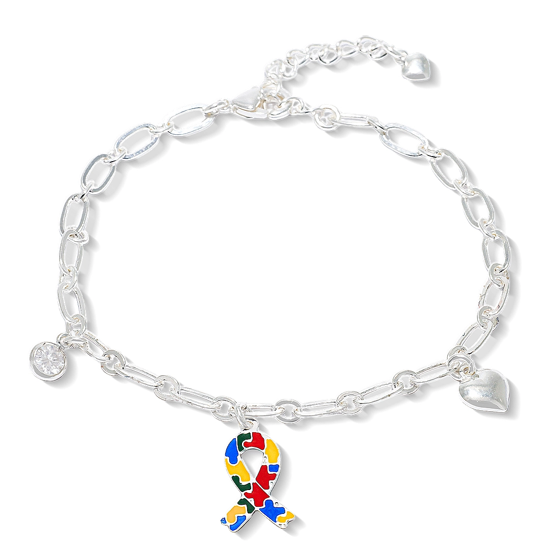 Pulseira de Prata Leve com Zircônia, Coração e Fita do Autismo